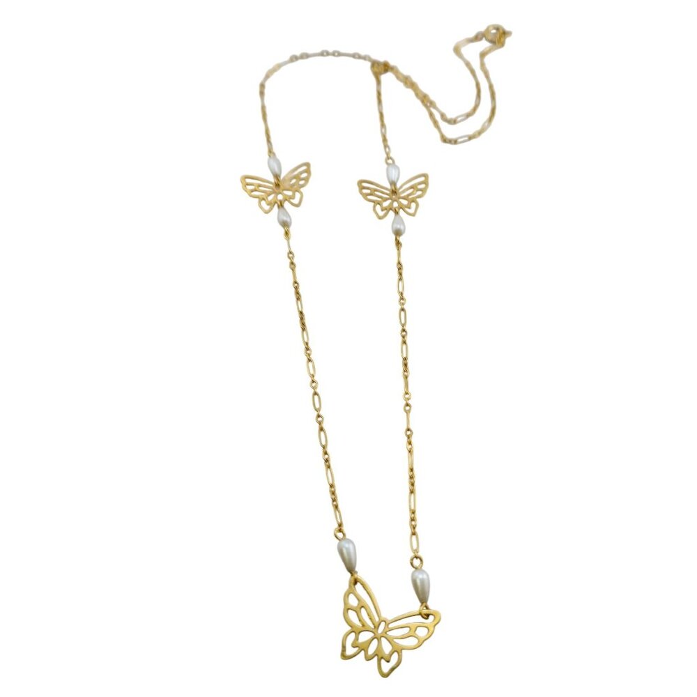 Vintage Butterfly and Faux Pearl Dainty Necklace (A8130)